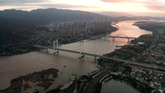 福建省福州市魁浦大桥日出航拍