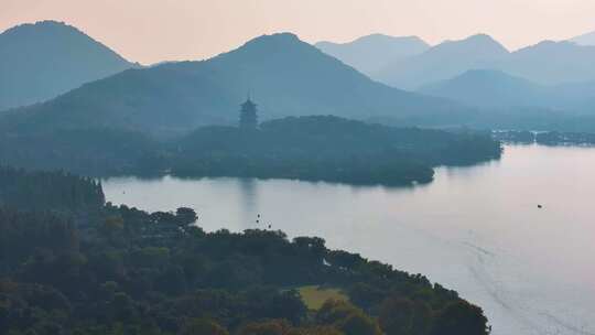 西湖雷峰塔景区大自然风光群山航拍杭州风景视频素材模板下载