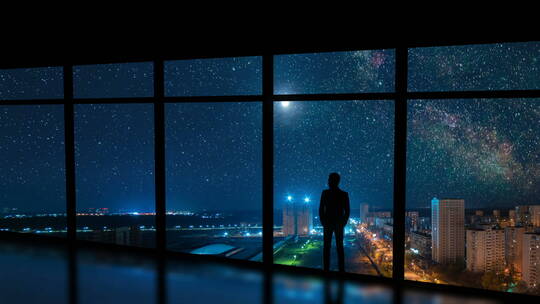 男人站在天台上看星空