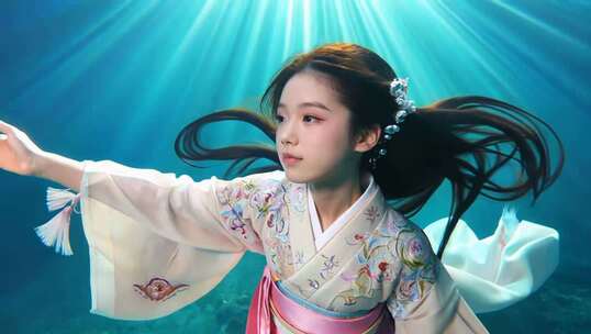 水下身着汉服的女子飘逸舞动