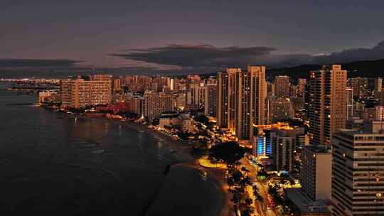 日转夜航拍夏威夷欧胡岛威基基海滩日出日落