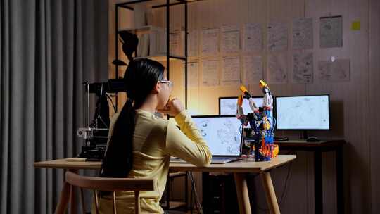 在笔记本电脑上设计电子手时具有3D打印思维的亚洲少女的后视图