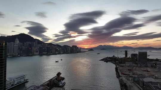 香港中港城傍晚晚霞航拍