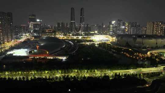 杭州奥体中心杭州之门夜景航拍延时摄影