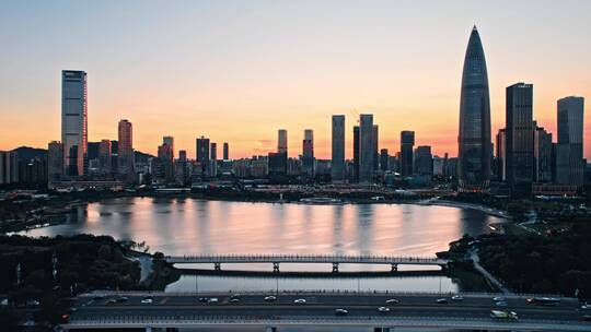 航拍深圳湾后海夕阳宣传片大场景