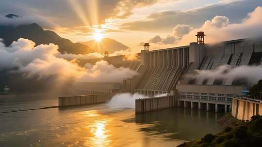 航拍云雾缭绕下的长江三峡大坝日出壮丽延时