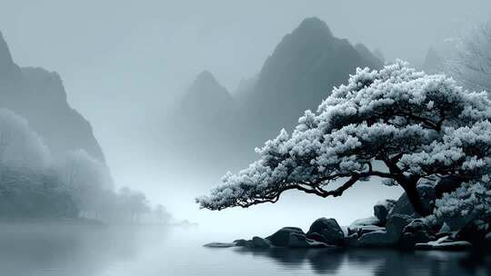 唐风雪韵：水墨意境下的寒江独钓雪景