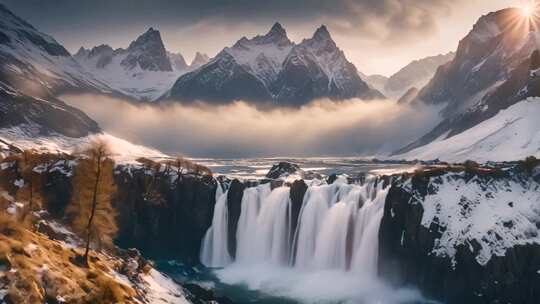 雪山瀑布自然风光