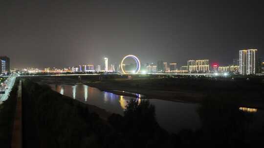 陕西宝鸡团结渭河大桥夜景航拍