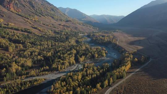秋天的新疆阿勒泰禾木河流田园乡村风光