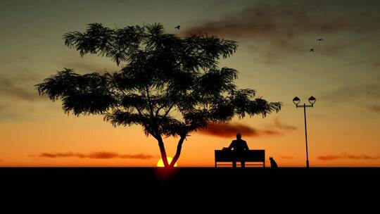 一位老人在日落时放松的剪影