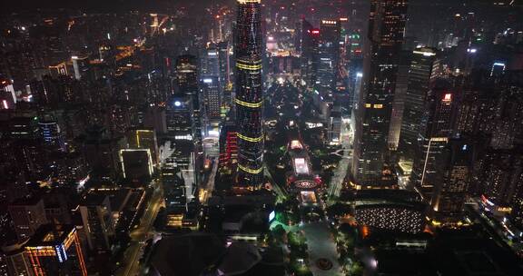 航拍广州珠江新城CBD建筑群夜景
