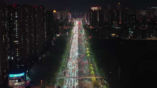 中国辽宁沈阳浑南区浑南西路夜景航拍