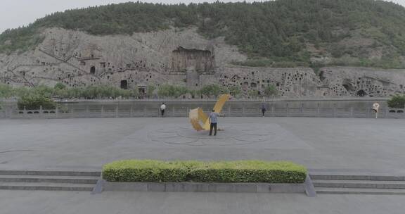 河南洛阳世界文化遗产龙门石窟佛像航拍4K