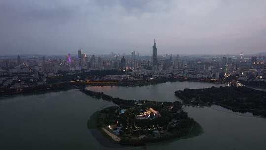 江苏南京夕阳晚霞夜幕降临夜景灯光航拍