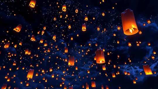 夜空放飞孔明灯场景素材