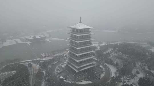 西安世园会雪景长安塔大雪浐灞下雪航拍2