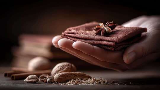 手托香料与红布：传统疗法与自然健康的象征