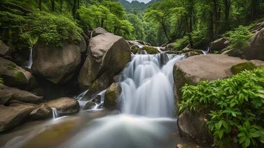 山林间溪流与岩石景观