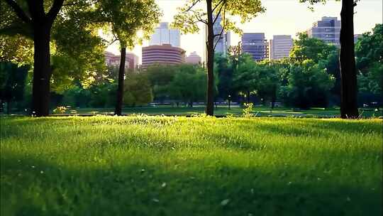 夏天清晨蓝天白云树林阳光树叶唯美花朵草地