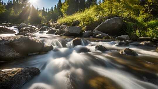 山林间溪流与岩石风景