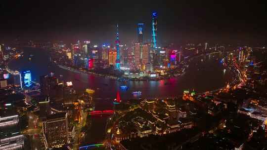 航拍上海浦东新区外滩城市建筑夜景风光