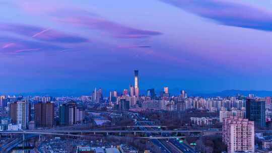 北京国贸CBD夜转日城市建筑群全景