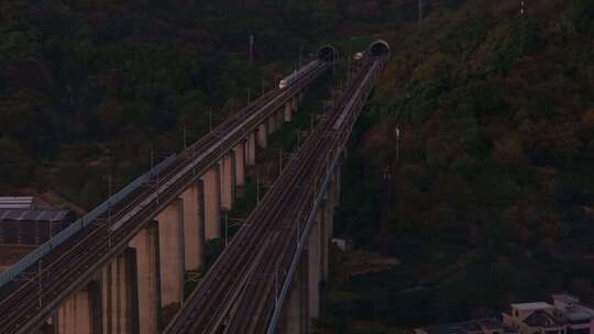 夕阳下高铁航拍 复兴号中国铁路 动车组