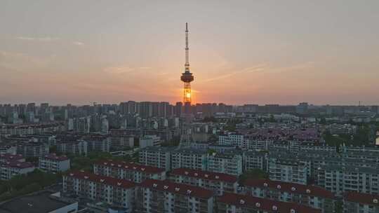 上海嘉定电视塔城市傍晚夕阳日落航拍