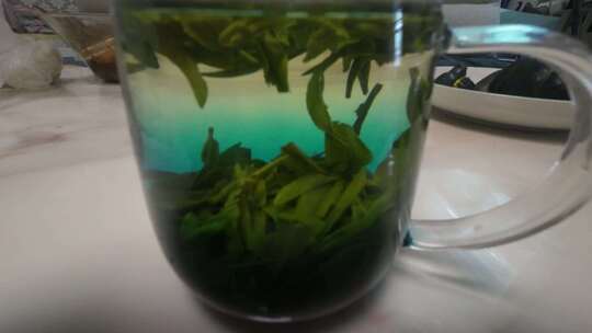 透明杯中泡开的绿茶