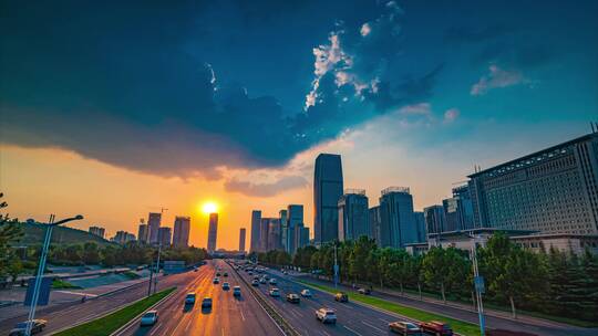 济南经十路奥体中心夕阳延时8K