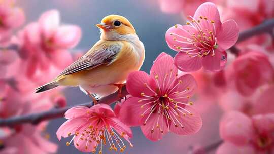 4K春日小鸟桃花盛开花朵枝头黄雀