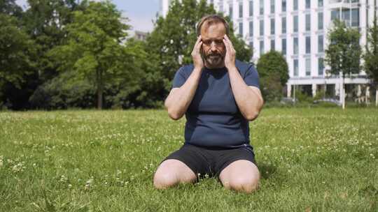 一个英俊的中年白人男子跪在草地上摩擦他的