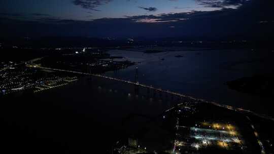 航拍汕头老城区榕江礐石大桥日落夜景