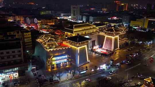 许昌夜晚灯火辉煌的古建筑城市夜景延时