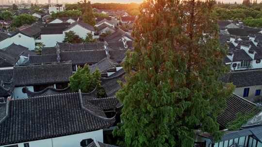 苏州同里古镇晚霞夜景航拍