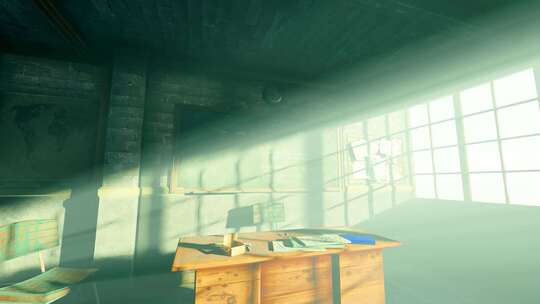 太阳光穿过被遗弃的空荡旧教室延时