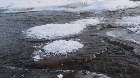 清澈的河流冰雪融化冬去春来积雪覆盖