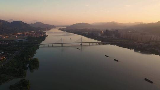 航拍杭州市富阳区富春江夜景