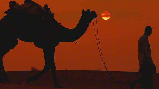 黄昏日落一人牵着骆驼沙漠行走特写视频素材模板下载
