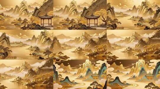 金色国潮古风山水画卷高清在线视频素材下载