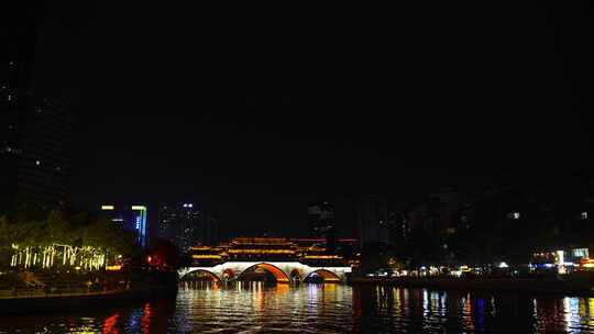 城市河流夜景中式古桥