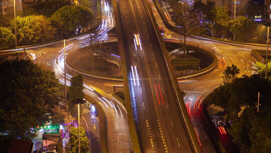 广州夜间环岛高速公路交通延时视频素材模板下载