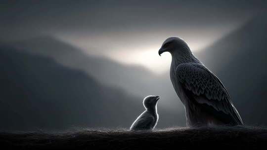 雄鹰守护幼崽于山巅之上