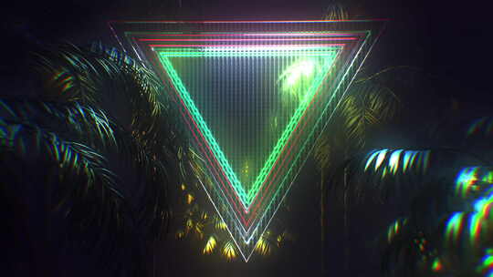 霓虹灯玻璃三角形被棕榈树环包围