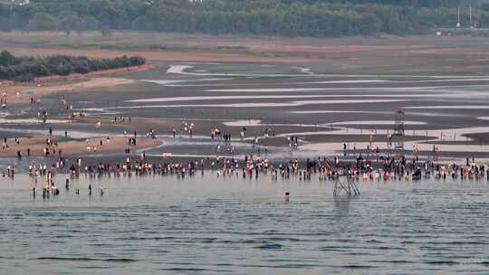 航拍北戴河鸽子窝湿地公园海上日出