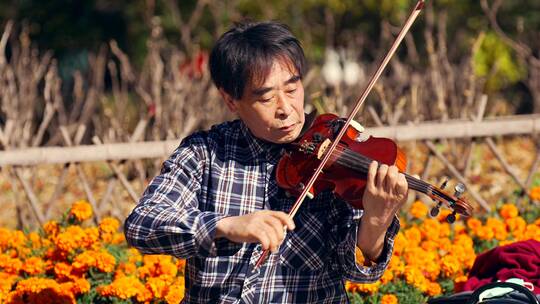 中老年退休生活深秋在公园拉小提琴的老人