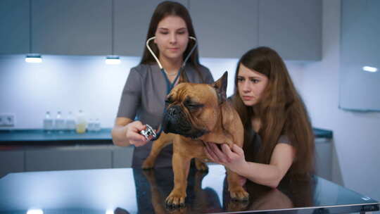 检查台上的女兽医和护士检查犬