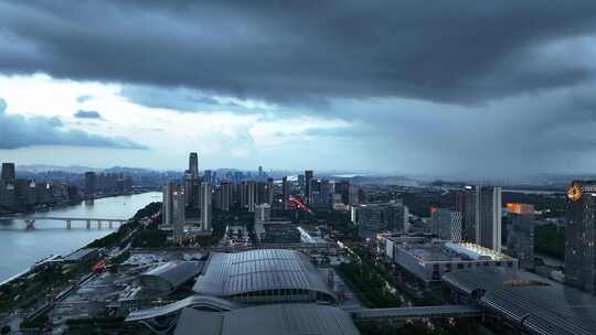 阴雨天航拍广东广州琶洲城市天际线