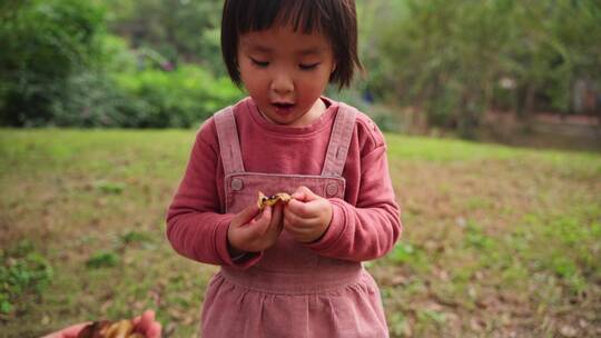 小女孩在公园里玩耍探索自然